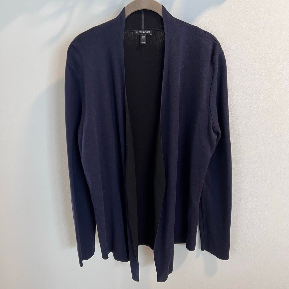 Eileen Fisher Navy Blue and Black Open Front Cardigan Sweater Size M